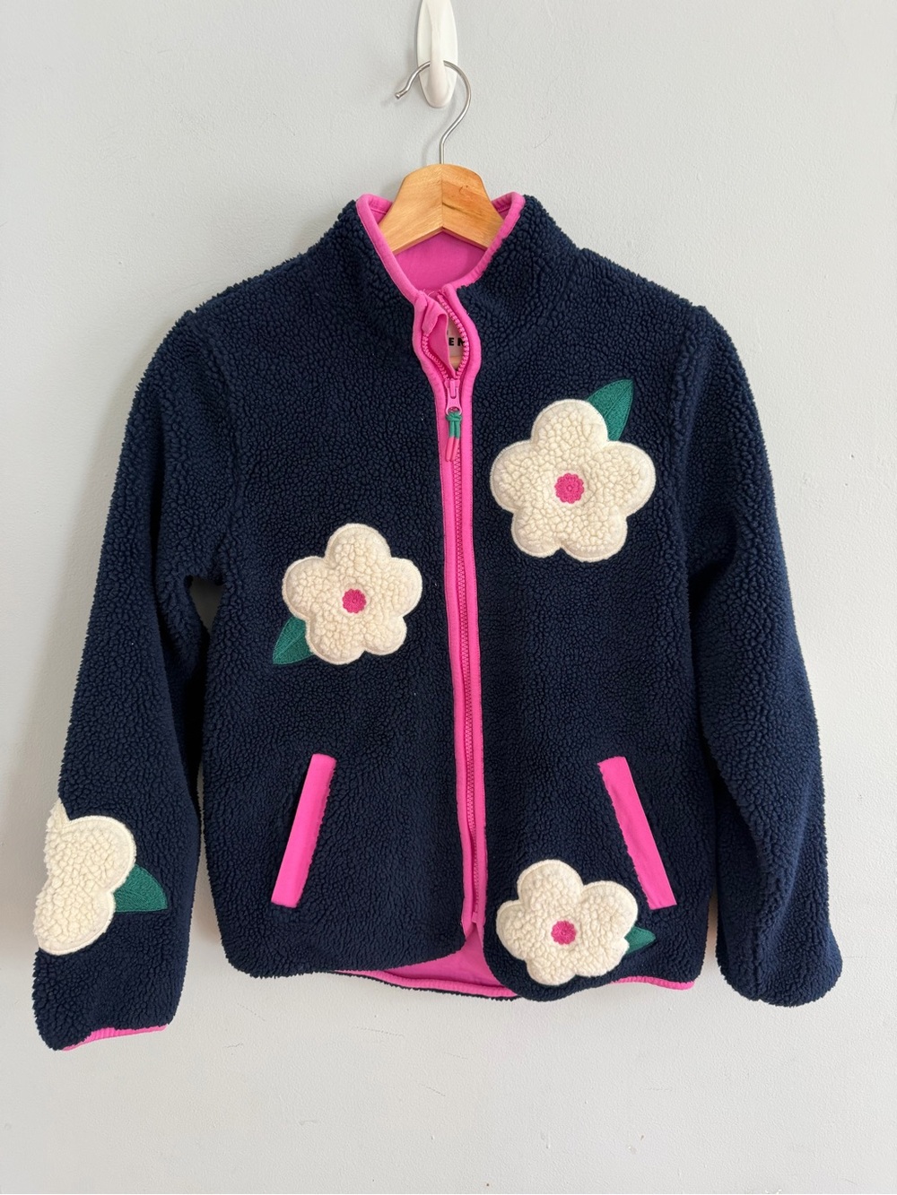 Mini Boden Borg Zip-Up Jacket Navy Floral Applique Fleece Whimsical Size 11-12